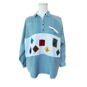 Aviator Club Take Away Striped Patch Popover Shirt Blue White Cotton Small